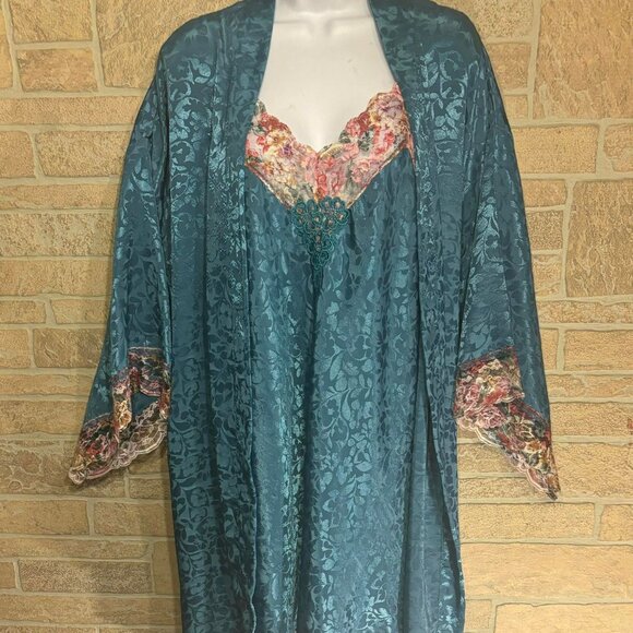 Vintage Val Mode Green Silky Satin Lace Negligee Chemise Lingerie and Robe Large - Picture 1 of 10